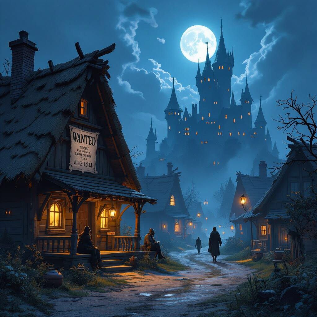 Dark Fantasy Village with Castle, Matte Painting Style