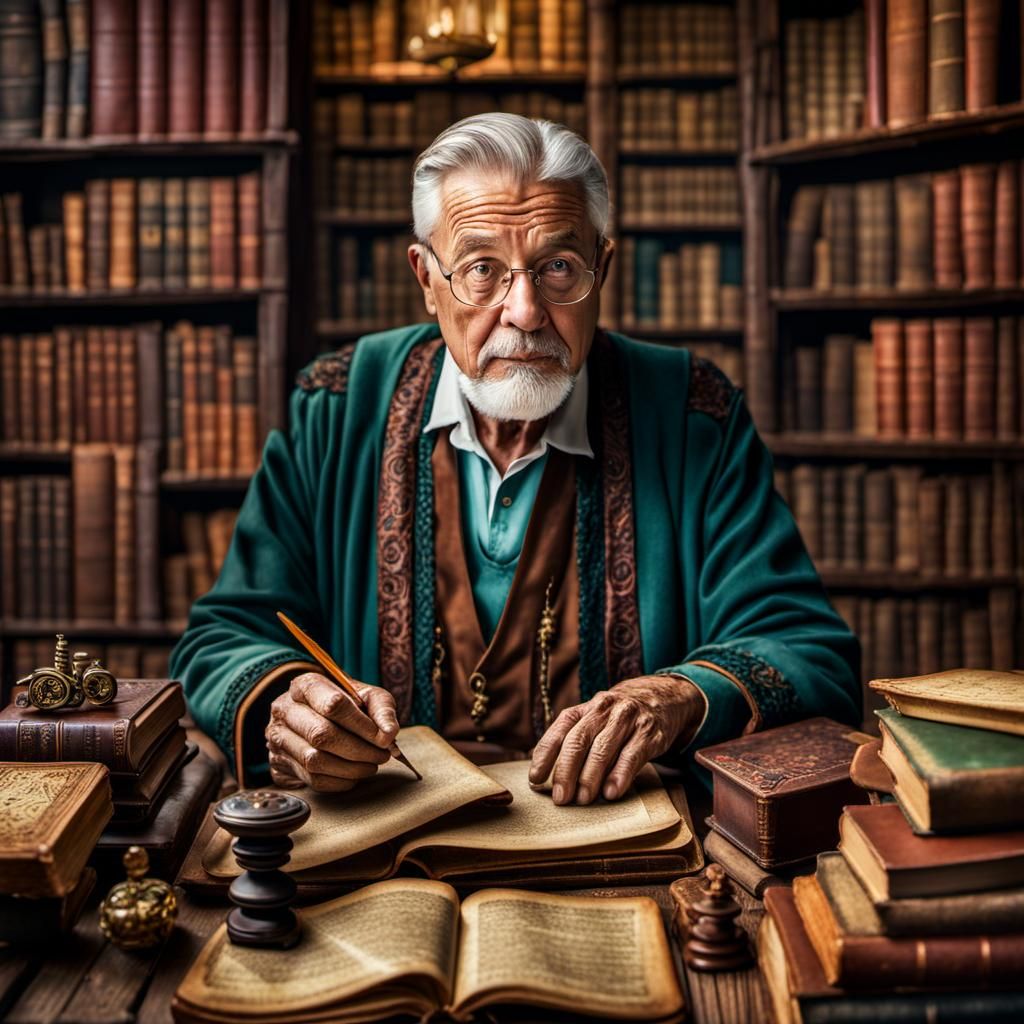 Ancient Librarian in Lost Library: Surreal Oil Painting