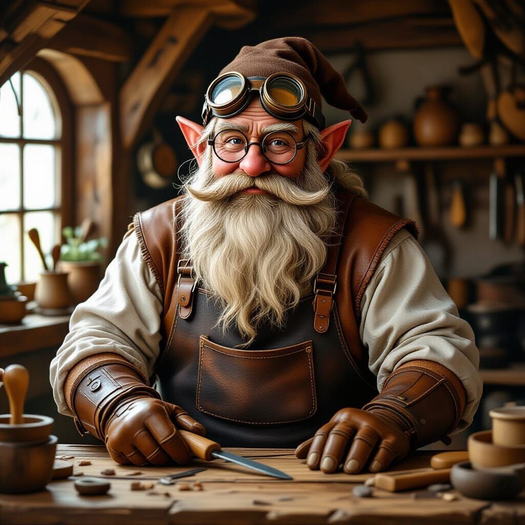 Bearded Dwarf Carpenter in Rustic Fantasy Workshop