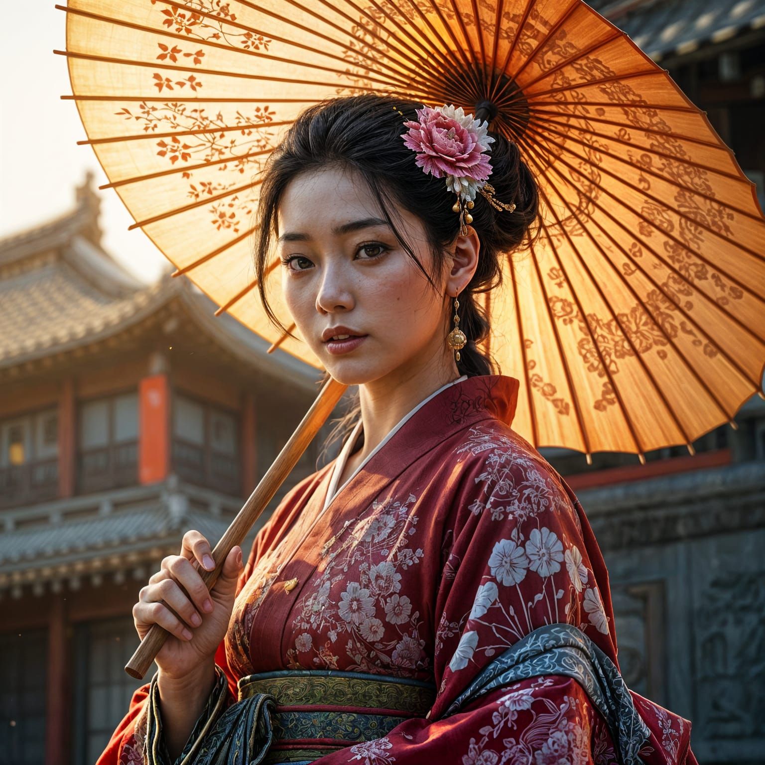 Woman Shelters Under Paper Umbrella in Medieval Japan