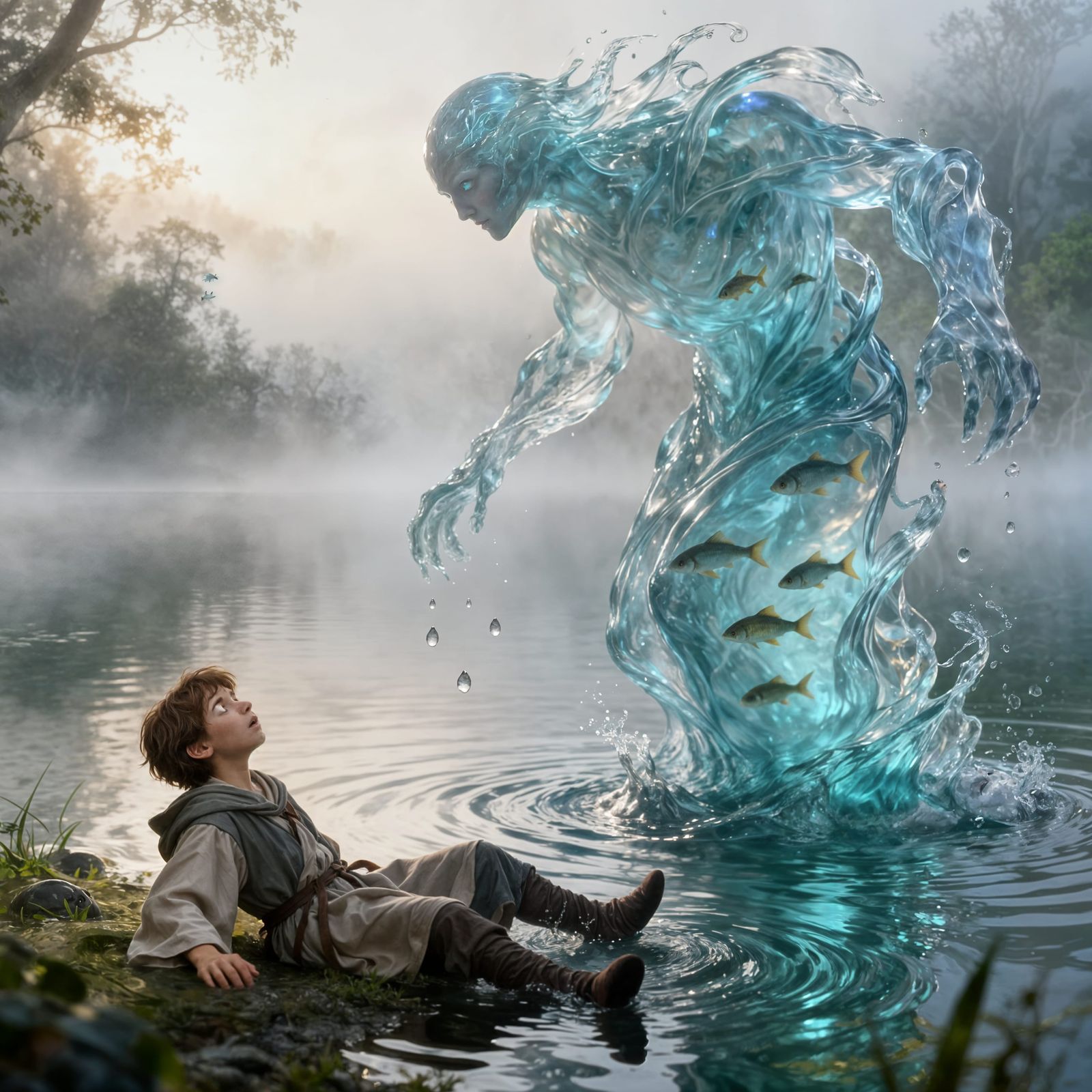 Wizard Apprentice Shocked by Water Golem in Misty Lake