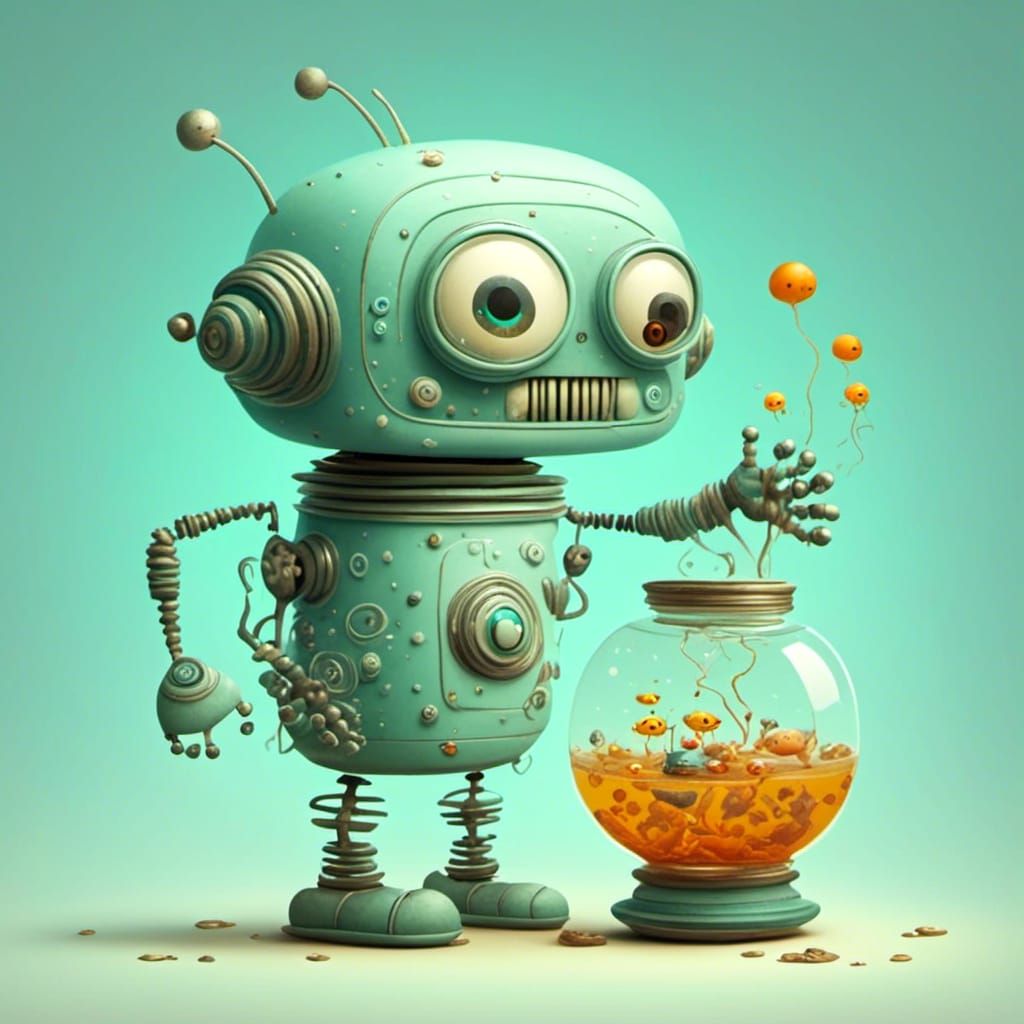 Cute Robot with Fishbowl Digital Art
