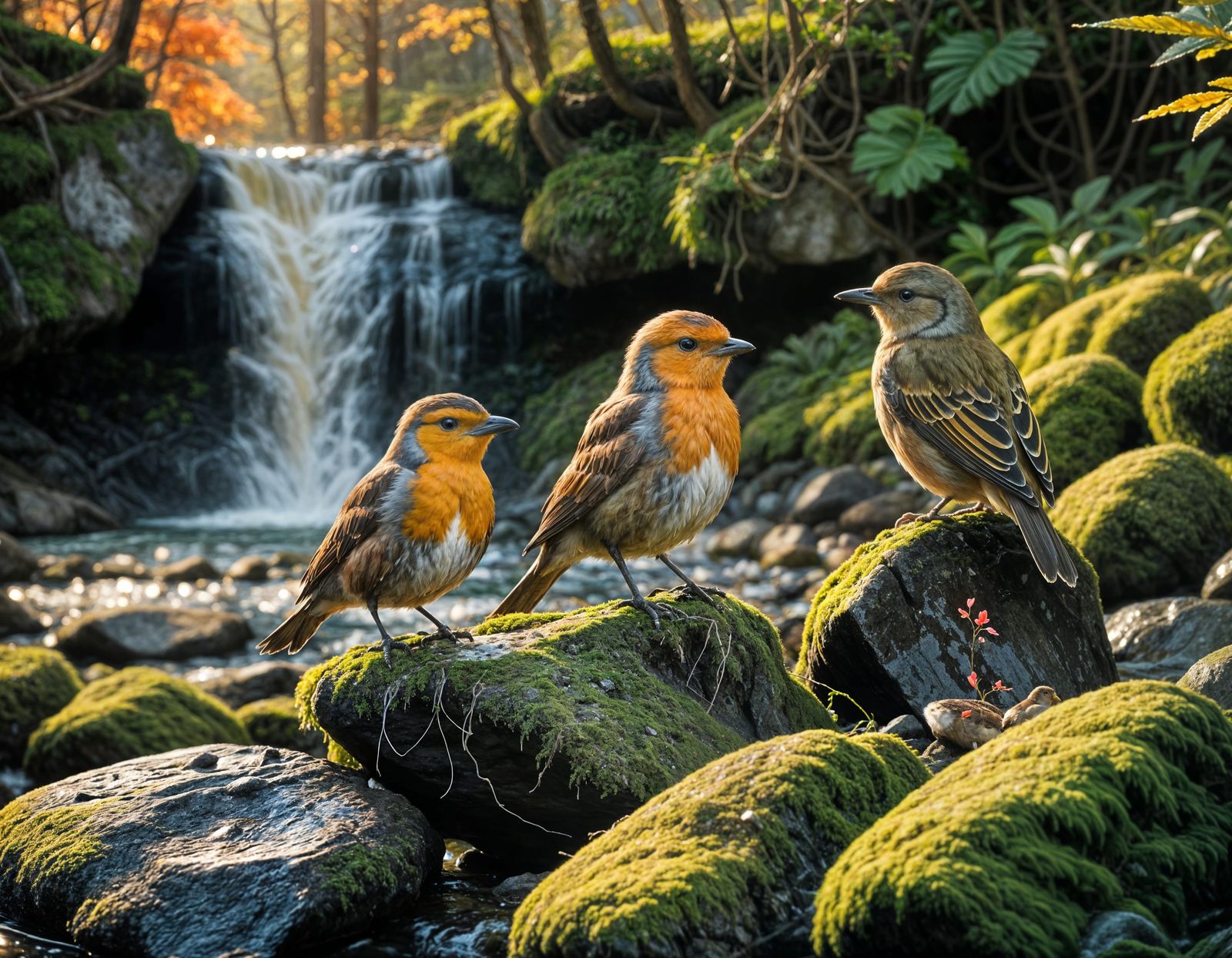 Vibrant Waterfall Scene with Colorful Birds