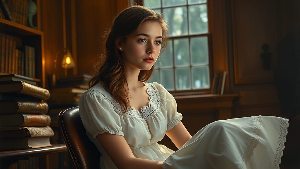 Serene Young Woman in a Cozy, Old-World Study