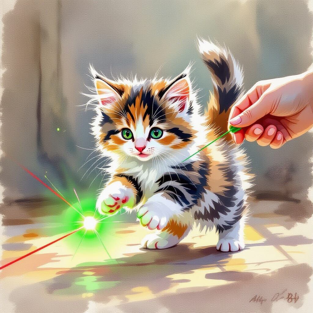 Fluffy Kitten Plays With Laser Pointer Gouache Painting