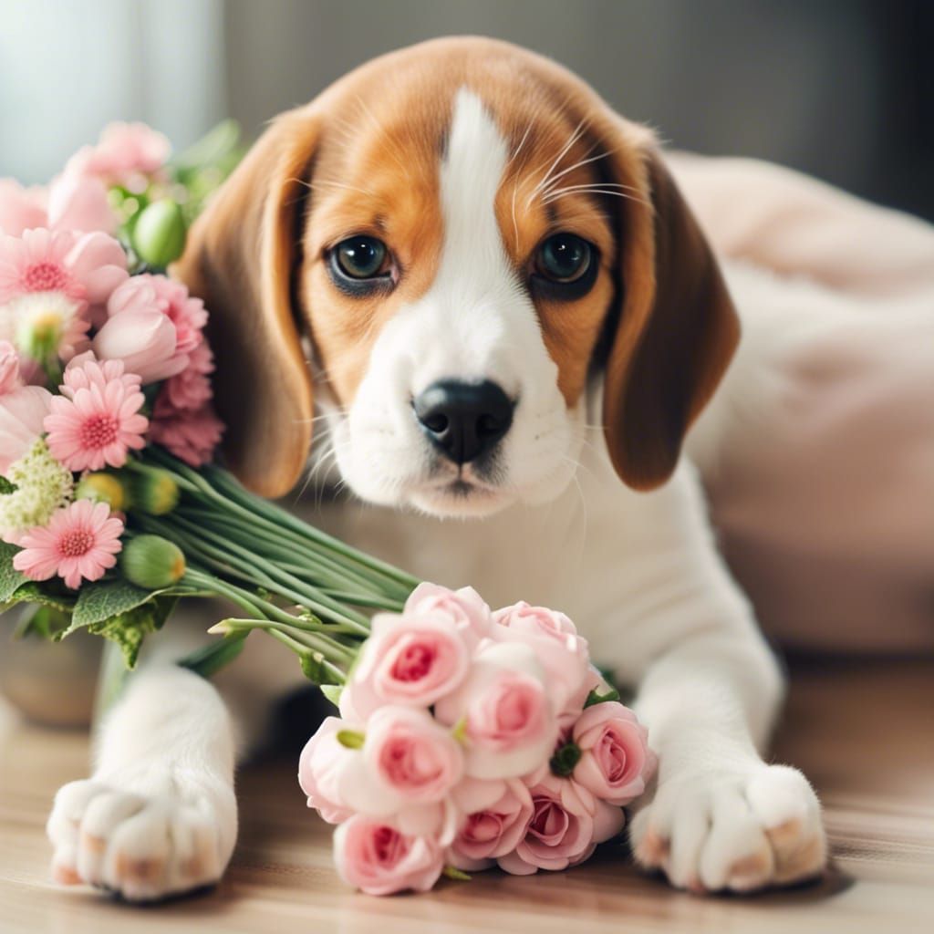 Beagle Puppy's Floral Gift to Kitten