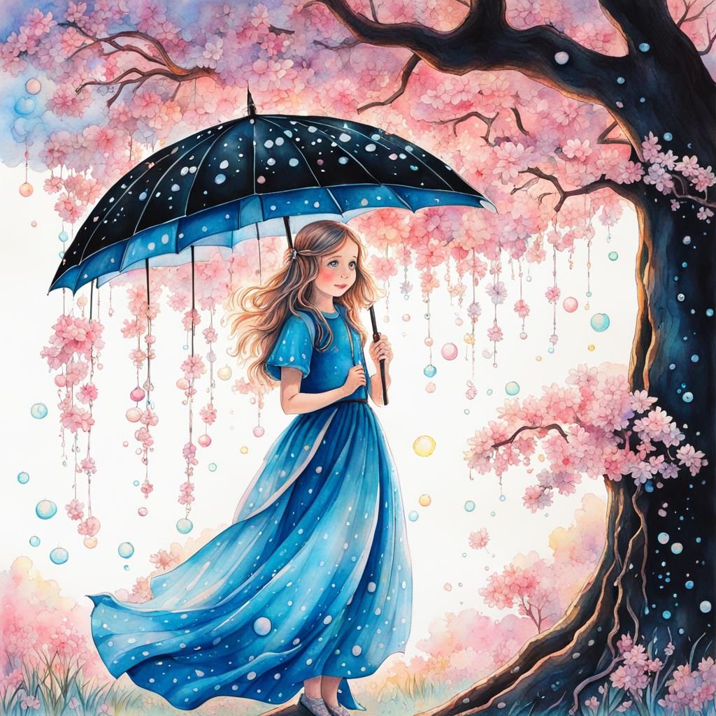 Sparkling Girl with Bioluminescent Cherry Tree, Watercolor