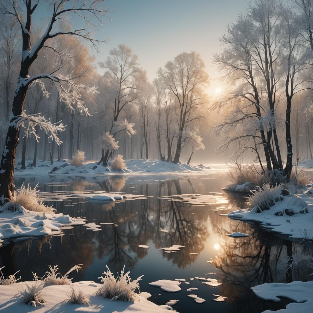 Serene Winter Lake Fantasy Matte Painting