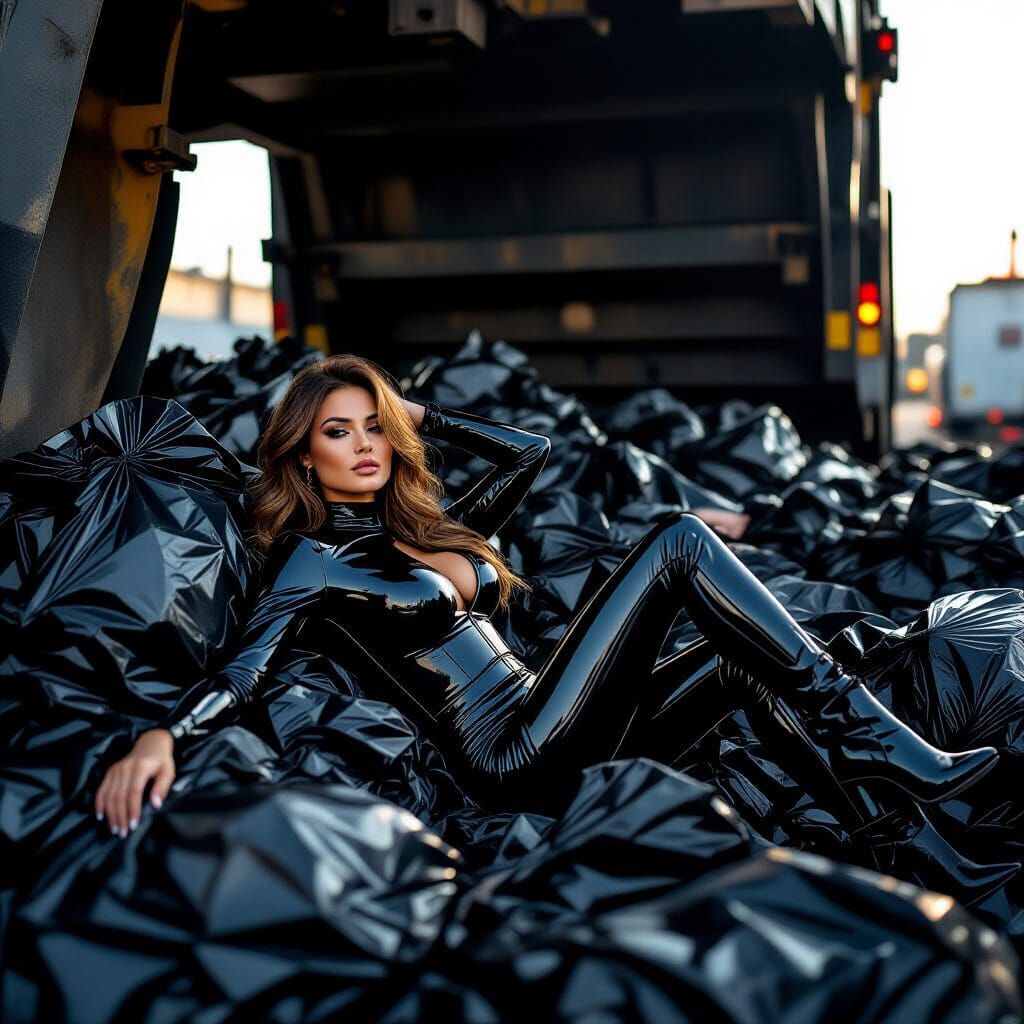 Woman in Latex in a Garbage Truck: High-Contrast Photo