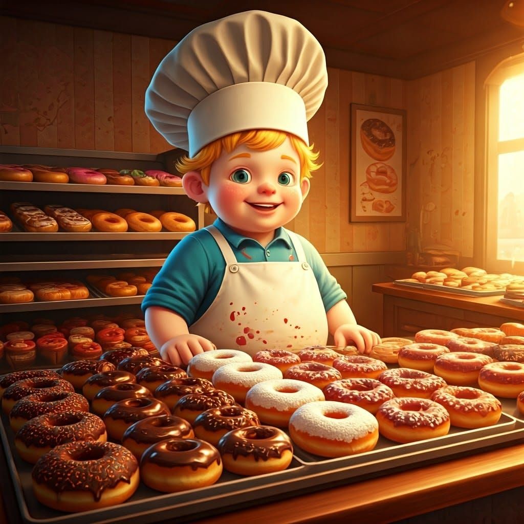 Chubby Baker Boy in Cozy Bakery: 3D Render