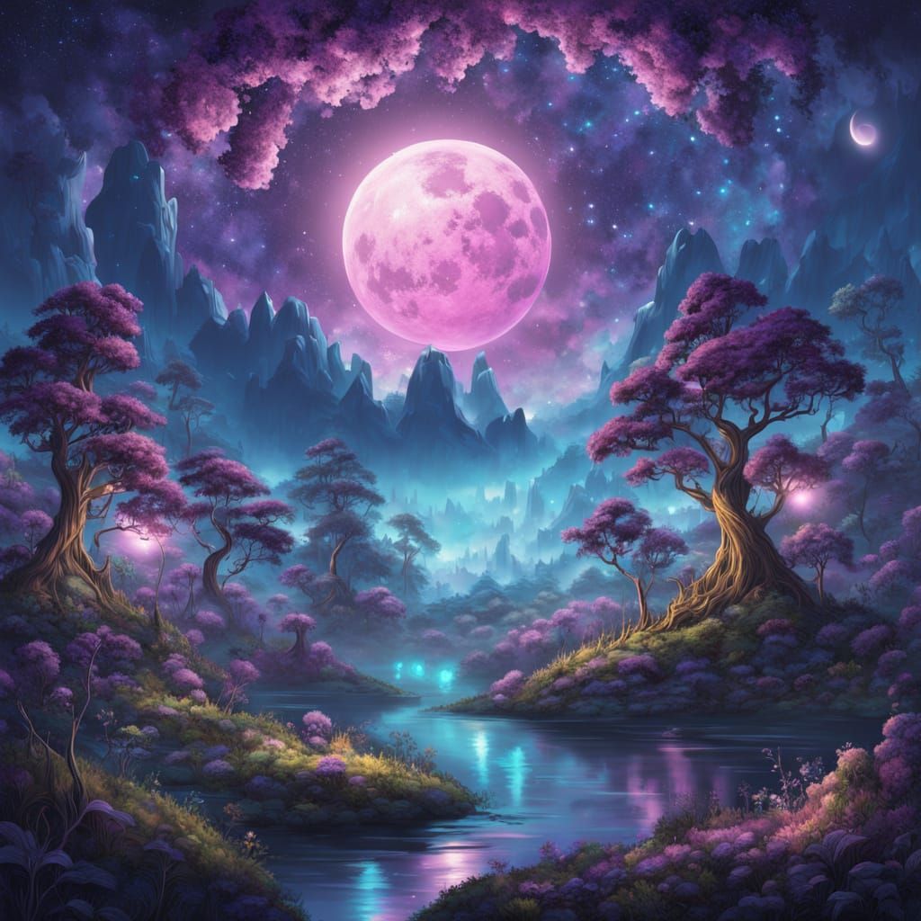 Ethereal Alien Forest Landscape with Glowing Plants and Star...