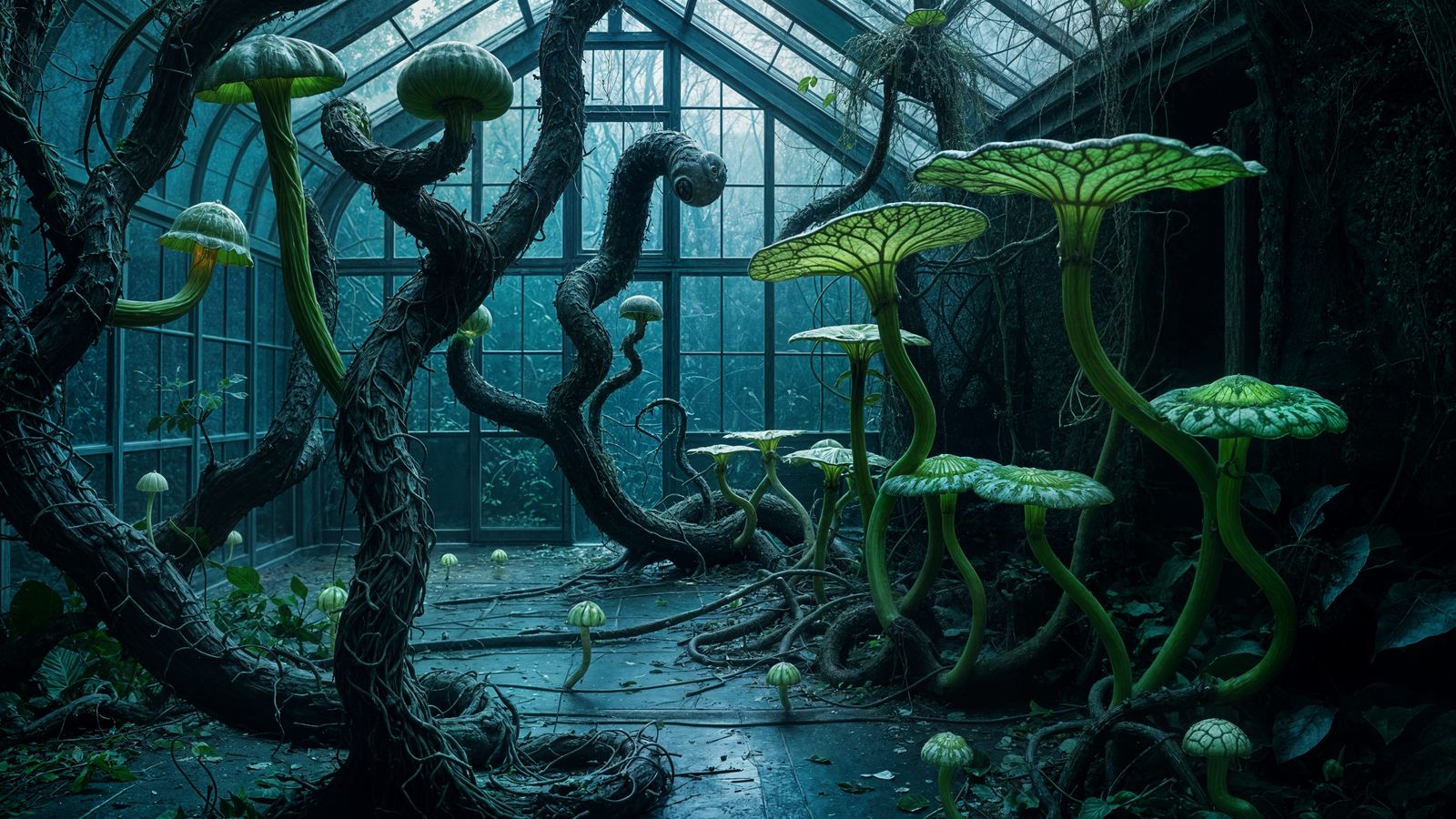 Eerie Greenhouse Sanctuary with Mutated Plants