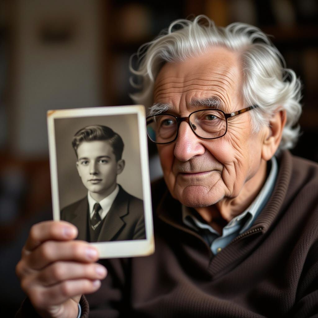 Elderly Man Reflects on Youthful Days with Old Photo