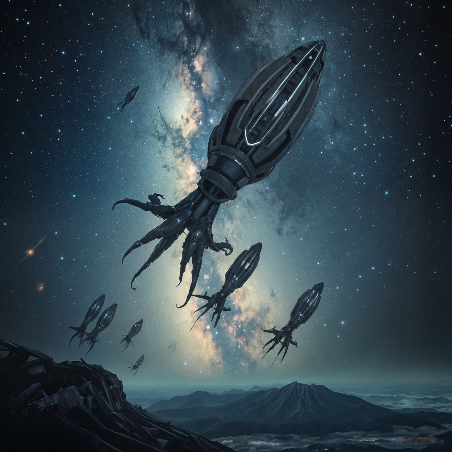 Mechanical Squid Soaring Over Futuristic City at Night