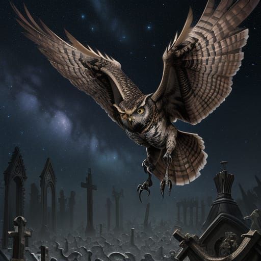 Great Horned Owl Attacks Skeleton in Occult Graveyard