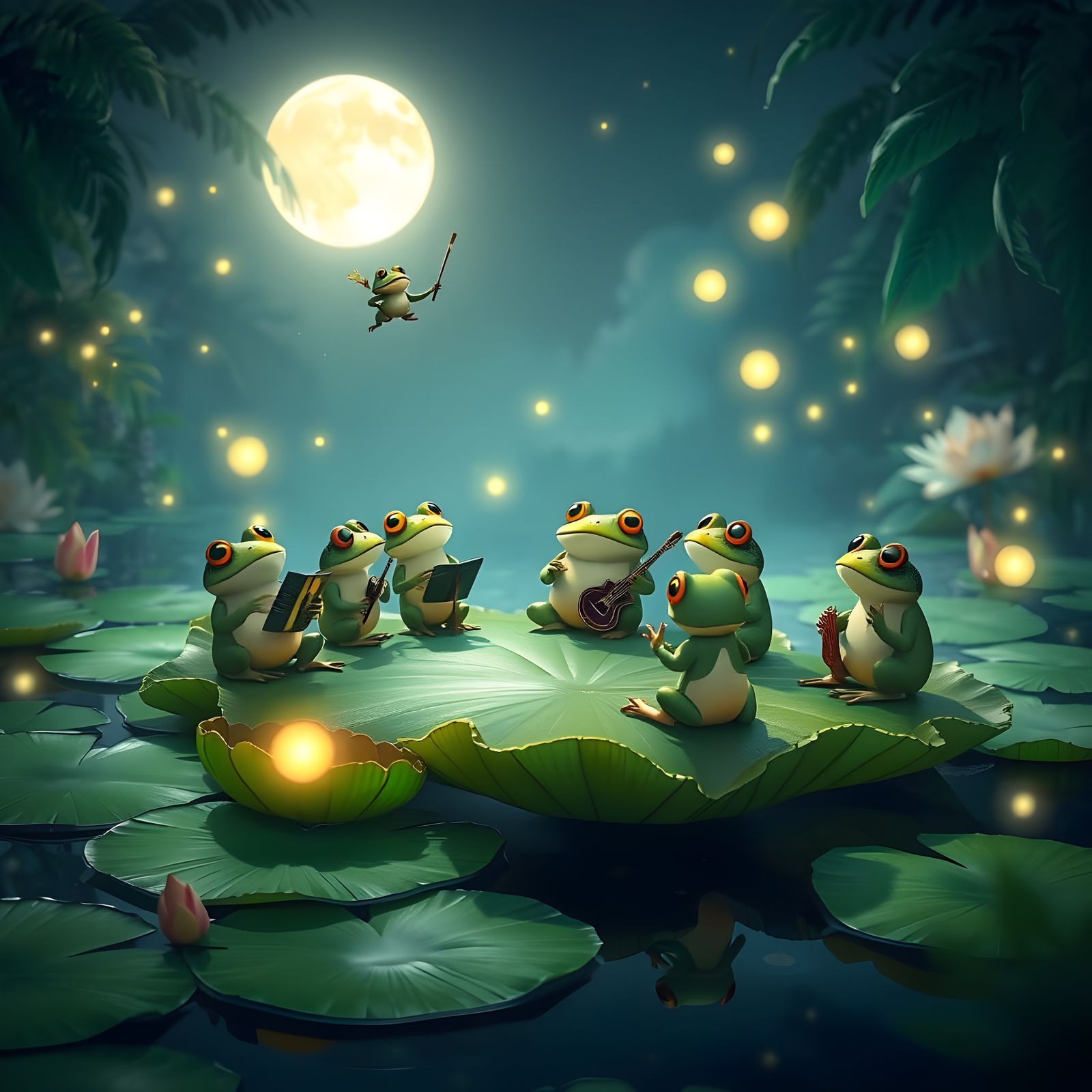 Fantasy Frog Orchestra Conducted Under Whimsical Night Sky