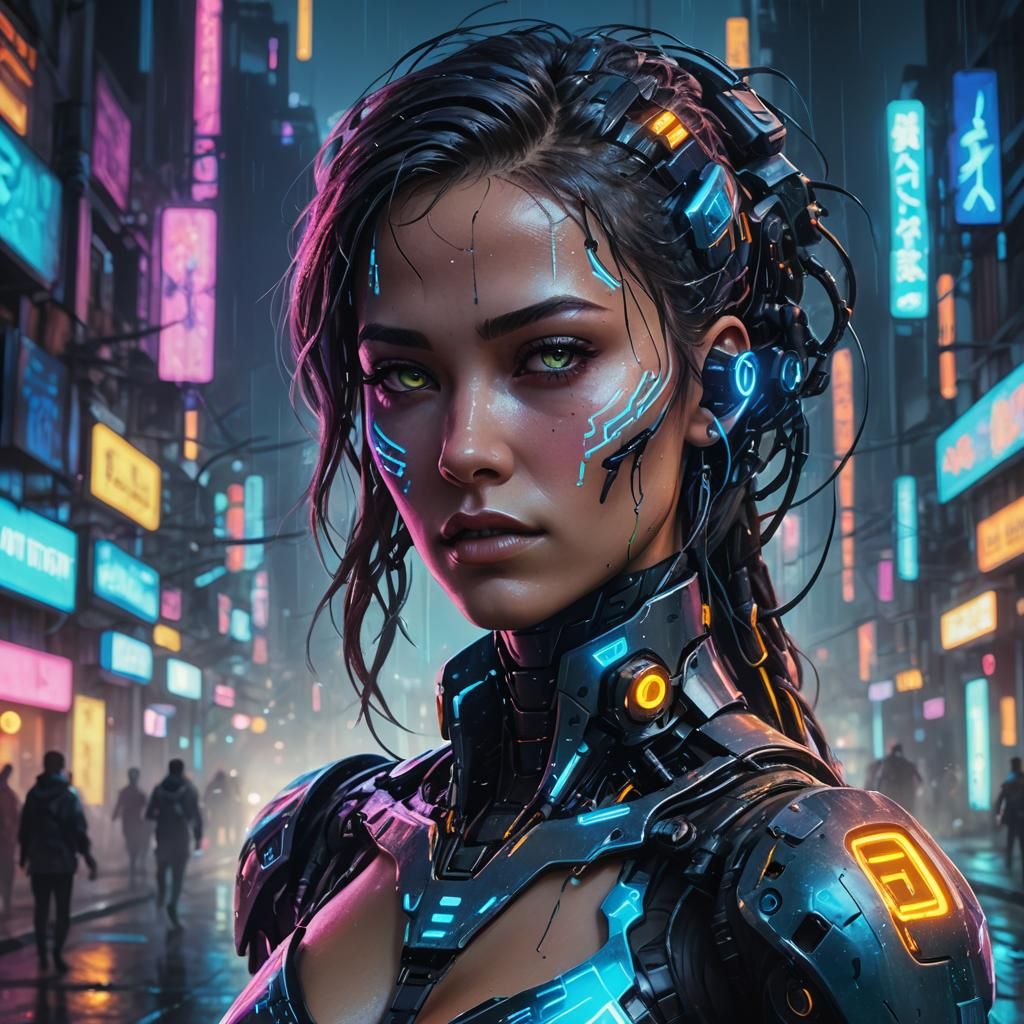 Futuristic Cyberpunk Woman in Neon Cityscape