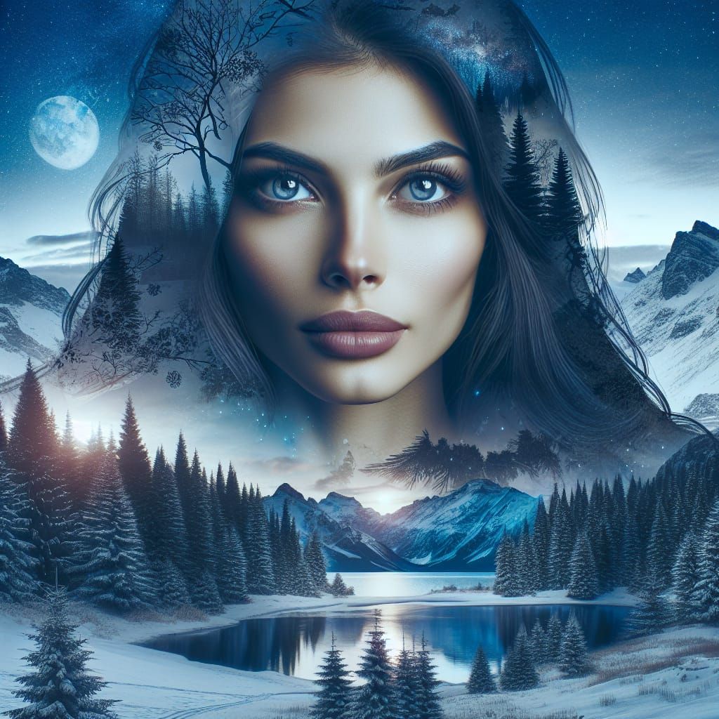 Ethereal Winter Spirit in Double-Exposure Portrait