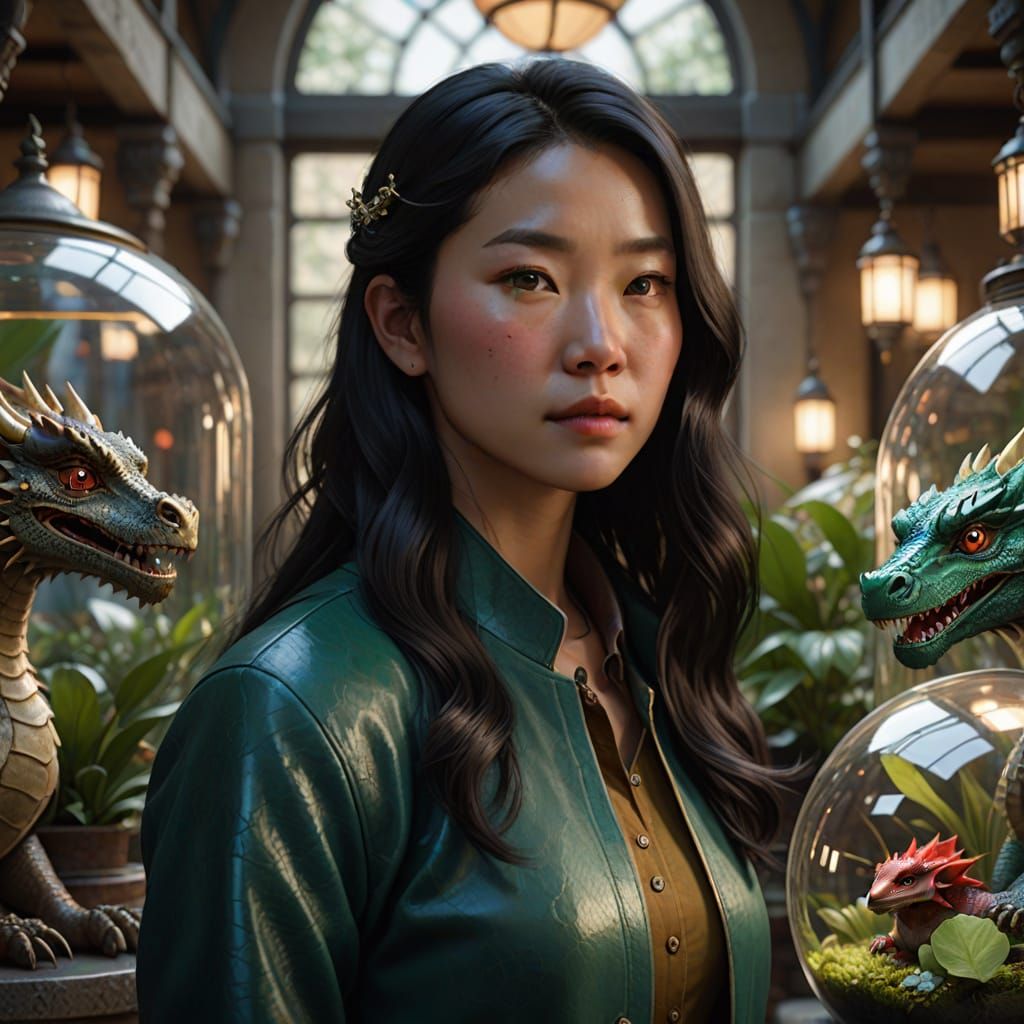 Young Chinese Woman Marvels at Colorful Dragons in Glass Ter...