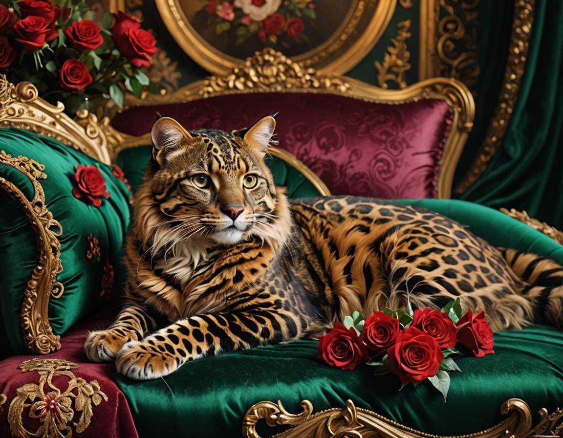 Regal Leopard-Cat on Royal Couch with Roses