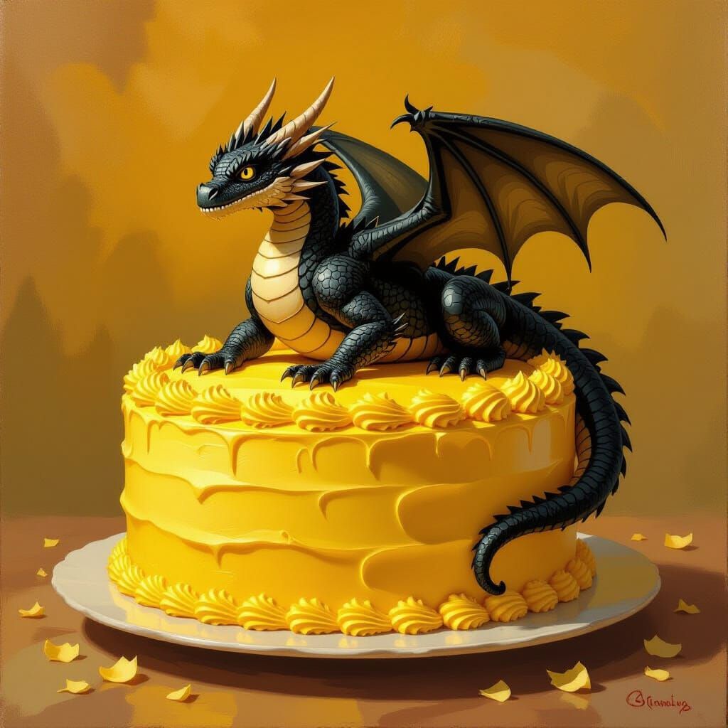 Dragon Perched on Yellow Cake Oil Painting