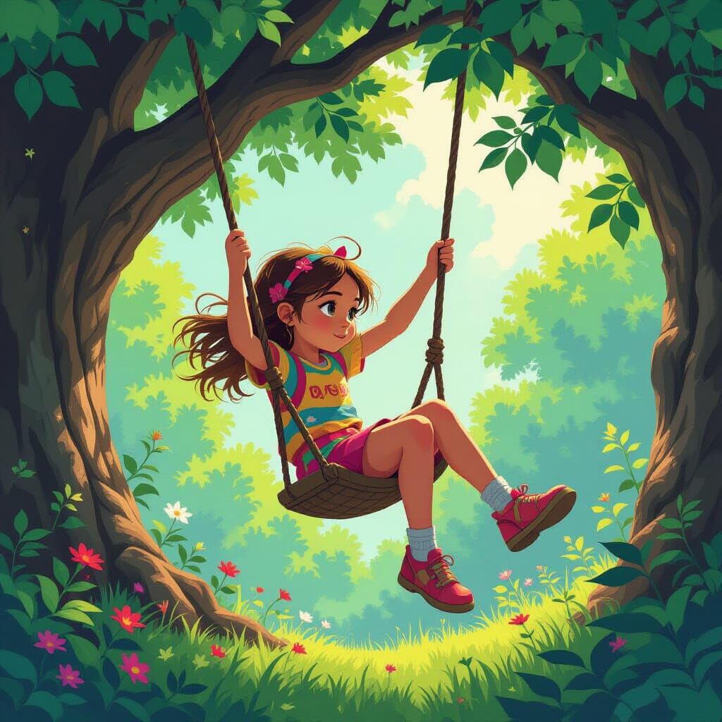 Girl Swinging: Whimsical Fantasy Concept Art in 8k