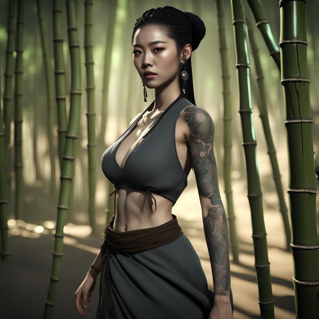 Korean Actress with Braids on Bamboo Forest Beach