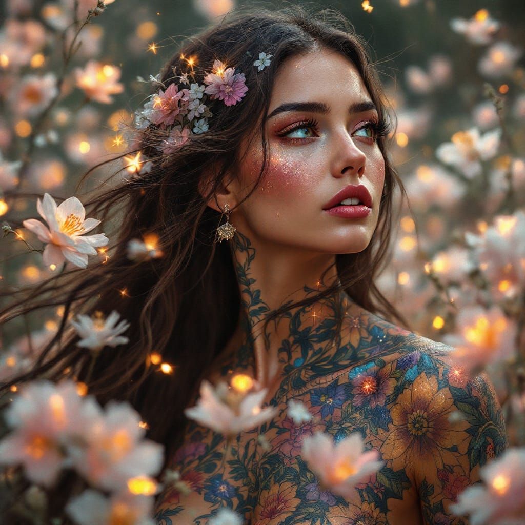 Ethereal Floral Goddess with Vibrant Tattoos in Photorealist...