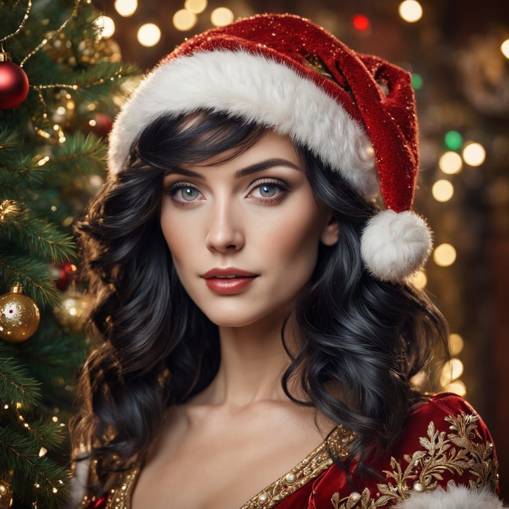 Elegant Christmas Woman in Santa Hat, Photorealistic Artwork