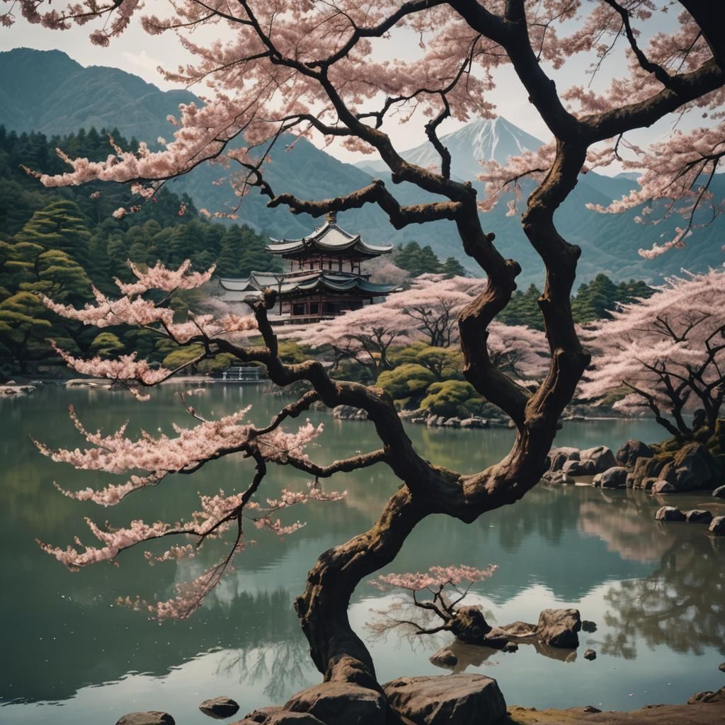 Cinematic Sakura Tree by Lake with Temples