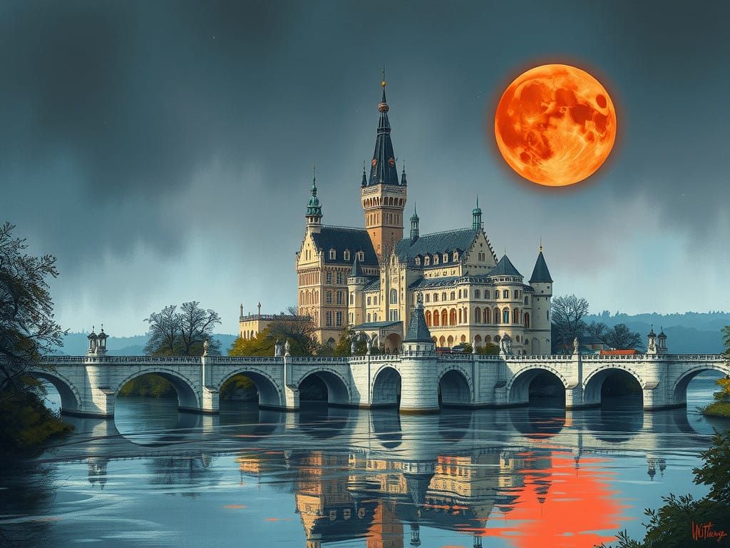 Castle Neuschwanstein Under Blood Moon