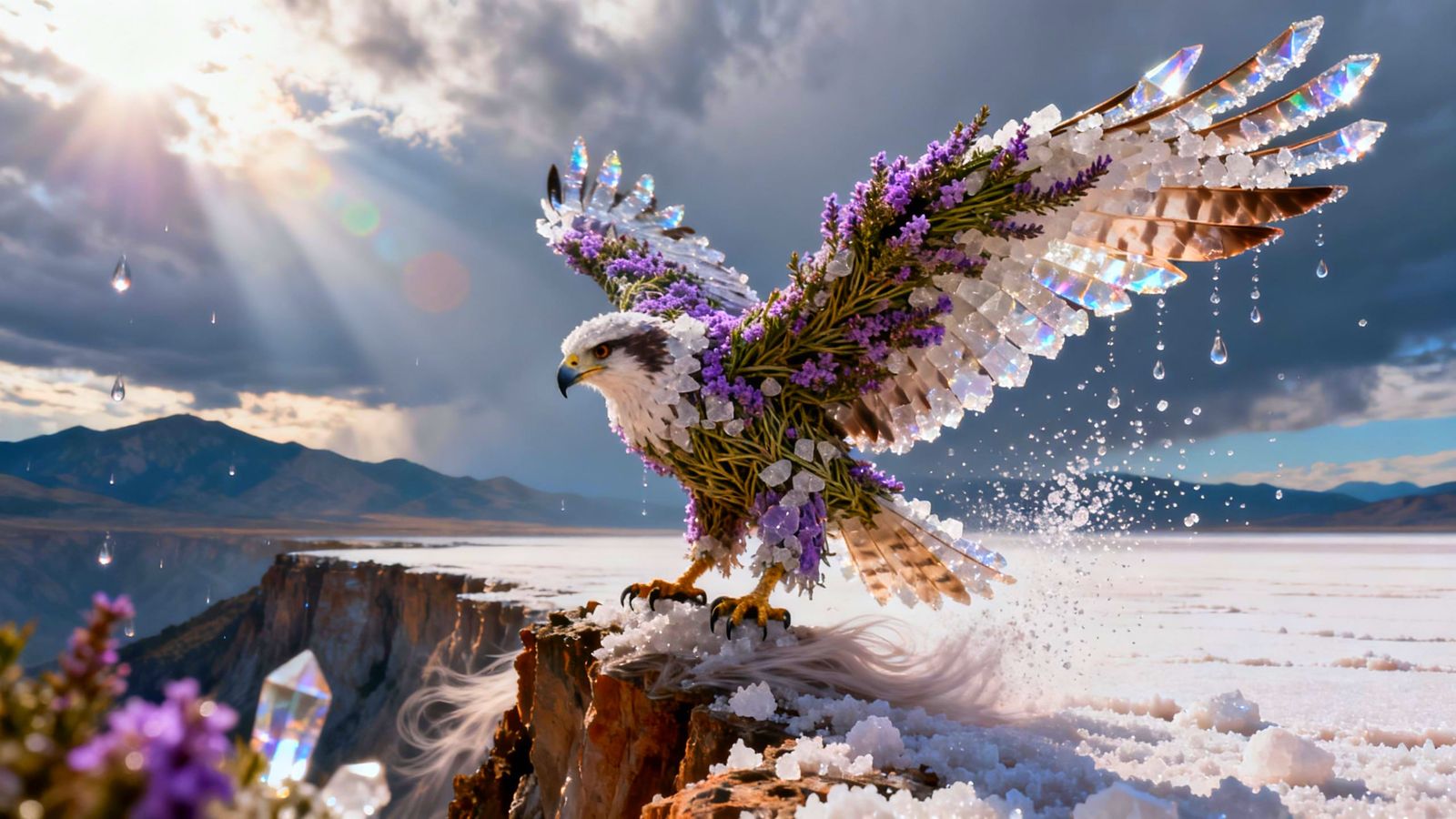Fantasy Hawk of Heather and Crystal on Cliff