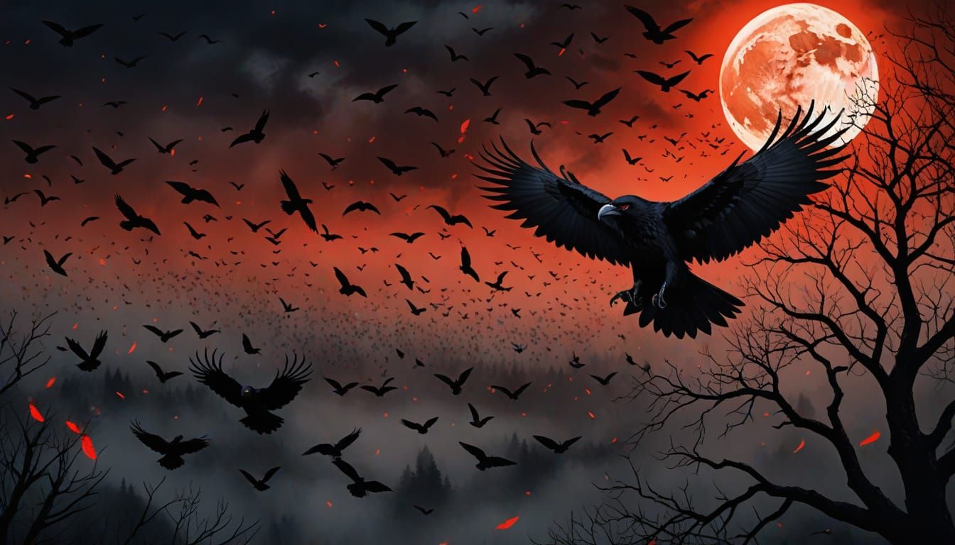 Ravens Flock on Smokey Night with Glowing Eyes