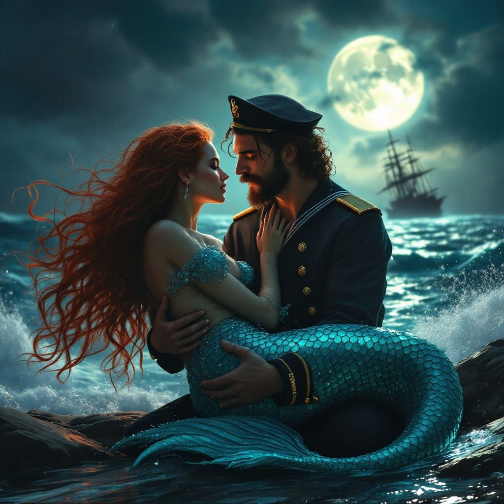 Sailor and Mermaid in Romantic Seascape