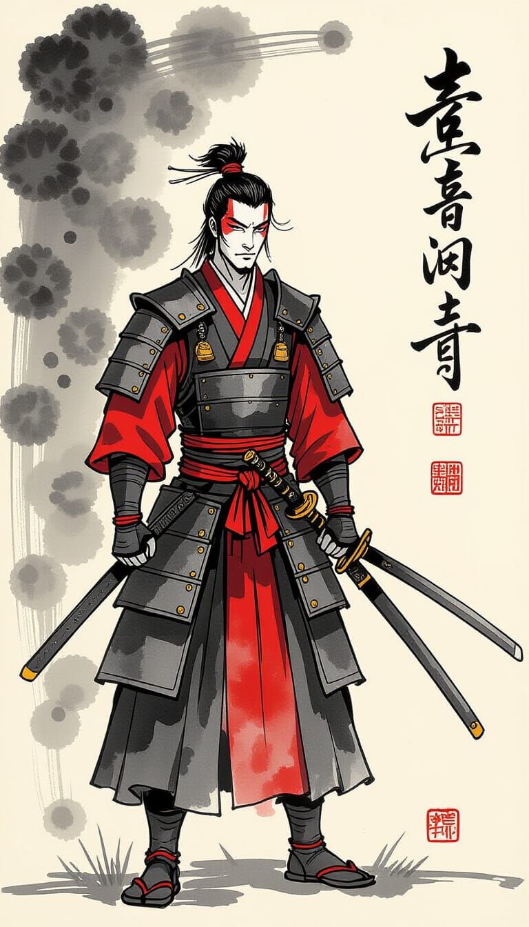 Samurai in Sumi-e Style Ink Painting