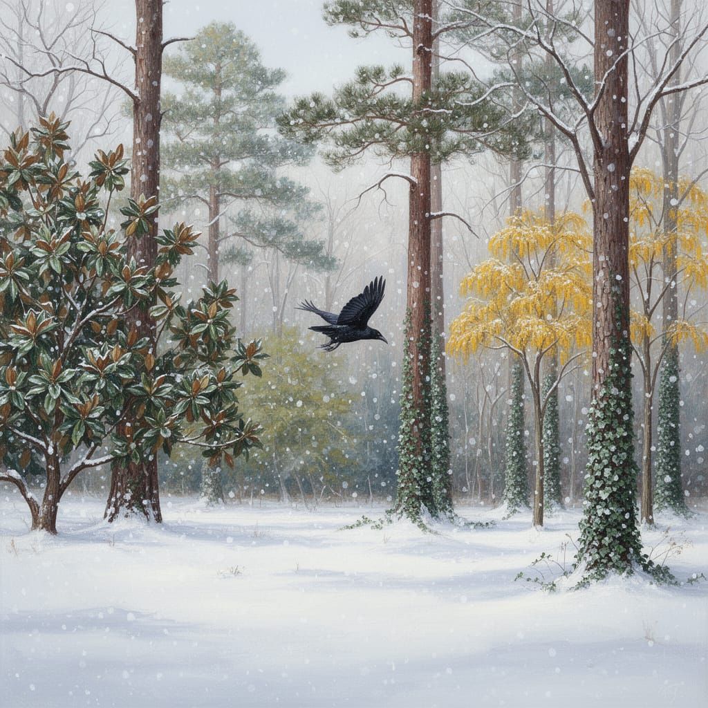 A painting of a serene snowy December day in Northern Virgin...
