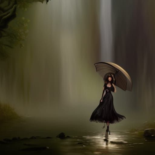 Happy Witch in a Magical Waterfall Garden
