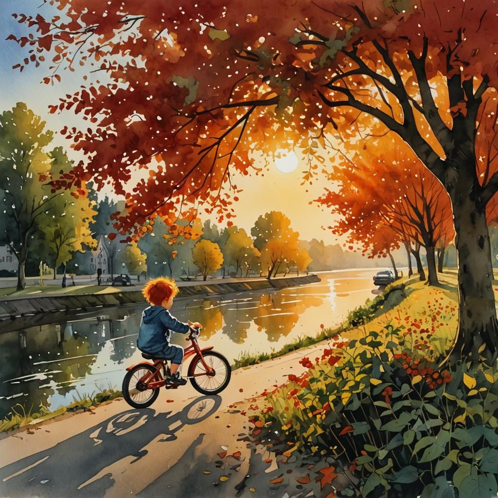 Red-Haired Toddler on Tricycle, Steampunk Watercolor