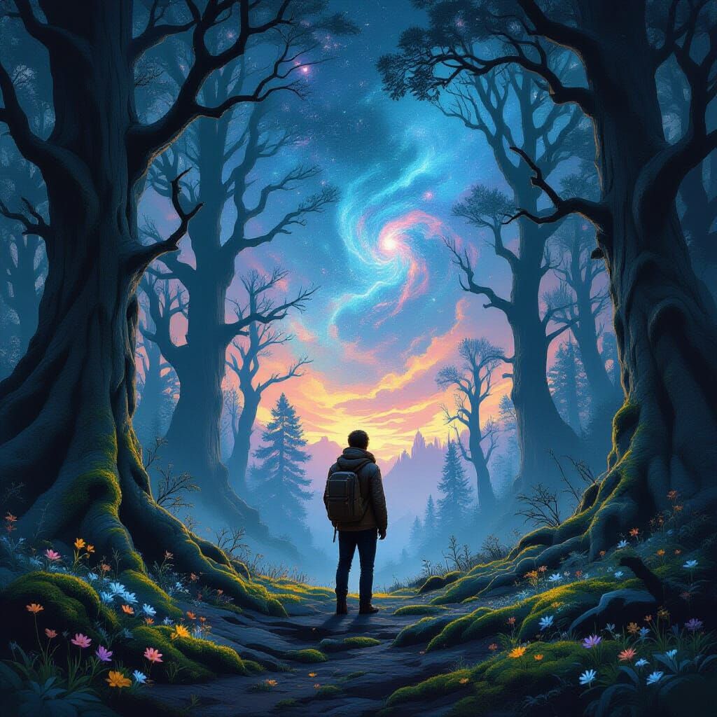Twilight Hiker in Ancient Forest, Digital Painting