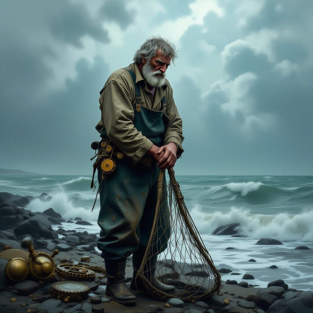 Steampunk Fisherman on Stormy Shore