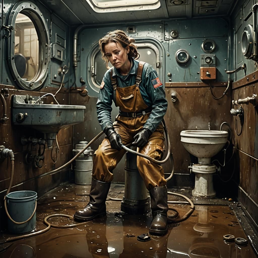 Exhausted Worker Cleaning Space Freighter Restroom