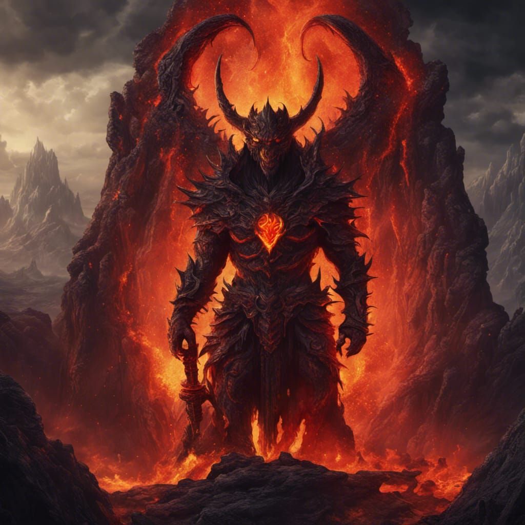 Infernal Demon with Heart in Fiery Landscape