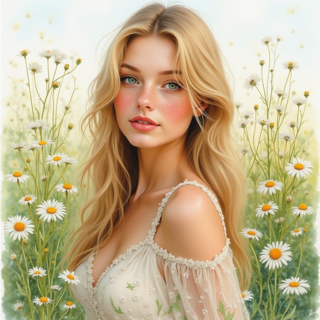 Beautiful Woman in Daisy Meadow as Watercolour Pencil Sketch