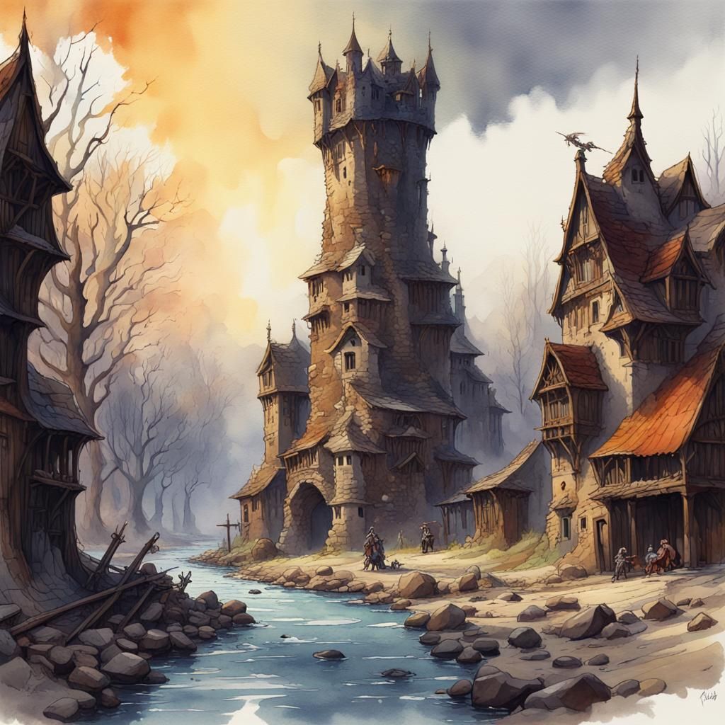 Decayed Stone Tower by the River in Watercolor