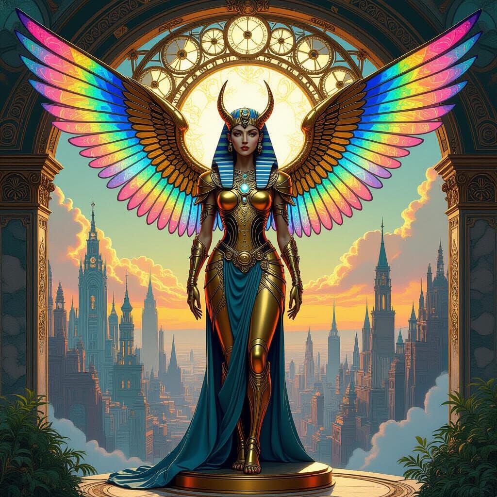 Clockwork Sphinx Over Mystical City: Art Nouveau Digital Pai...