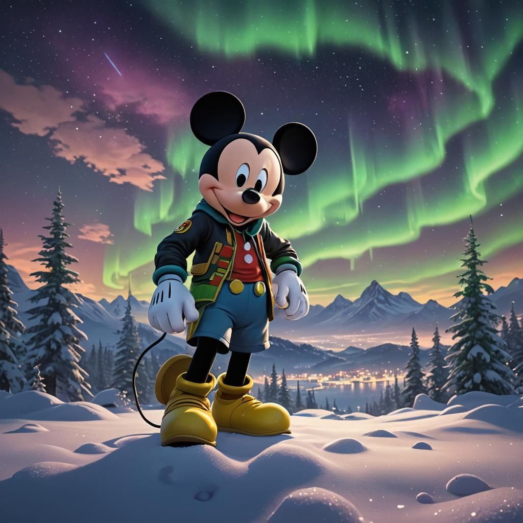 Mickey Mouse and Northern Lights in Anime Style