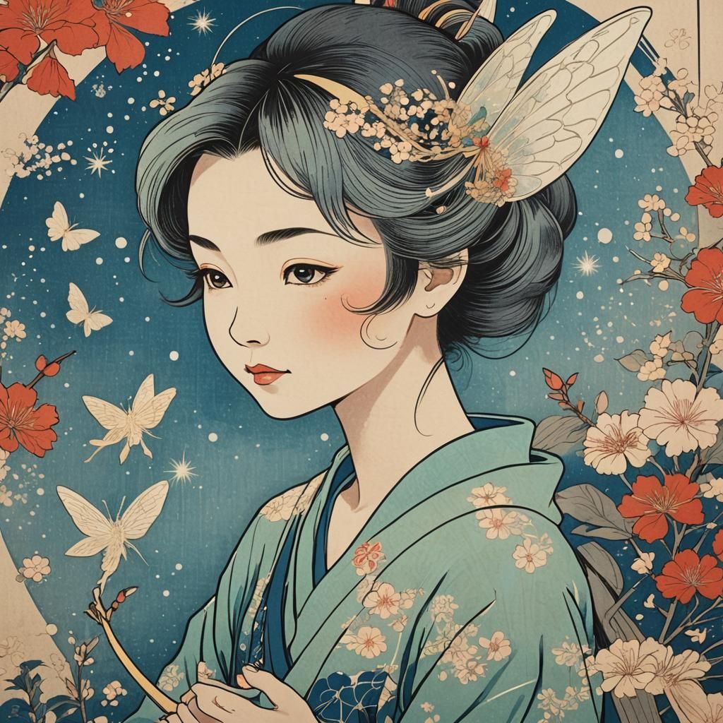 Tinker Bell as Ukiyo-e Woodblock Print Portrait