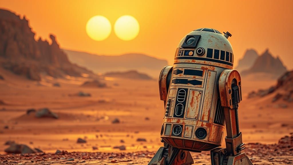 Rusty R2D2 in Desert Planet Landscape