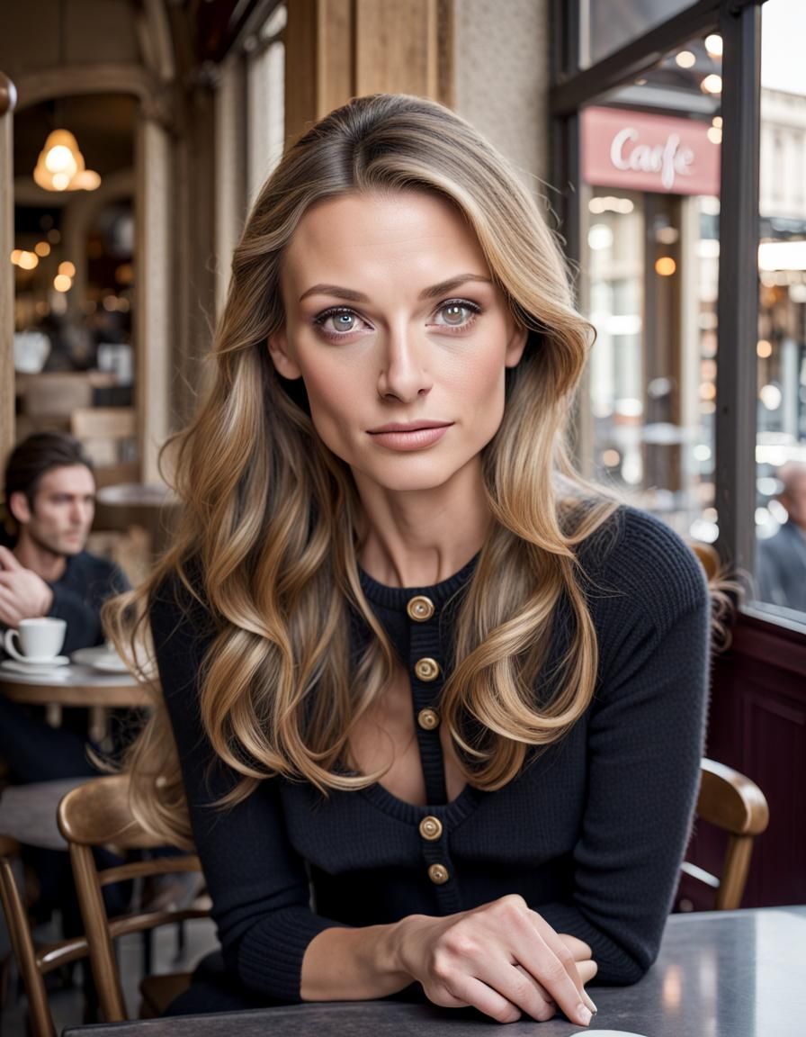 Beautiful Woman with Gray Eyes at French Cafe