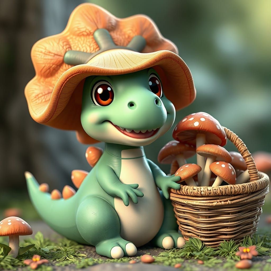 Jovial Dinosaur Collects Mushrooms with Anime-Inspired Delic...
